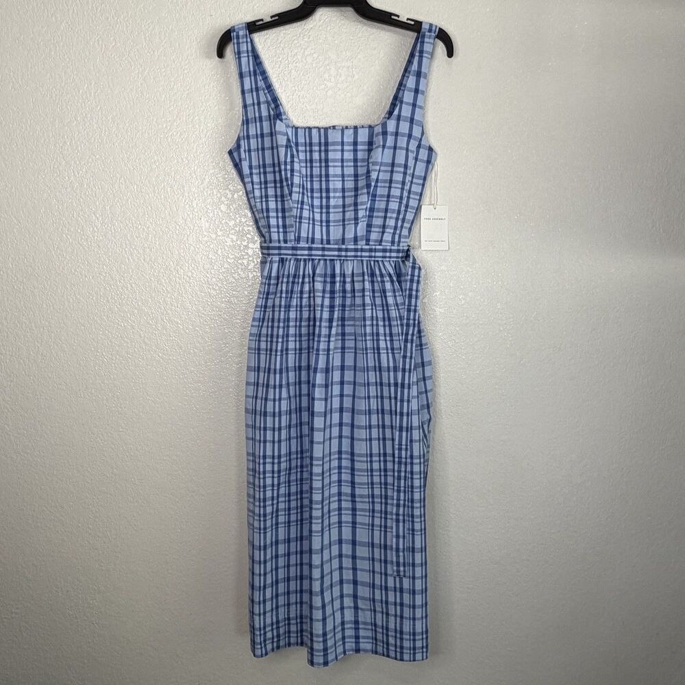 Free Assembly Sleeveless Belted Cotton Midi Dress Small 4 - 6 Blue Check Coastal